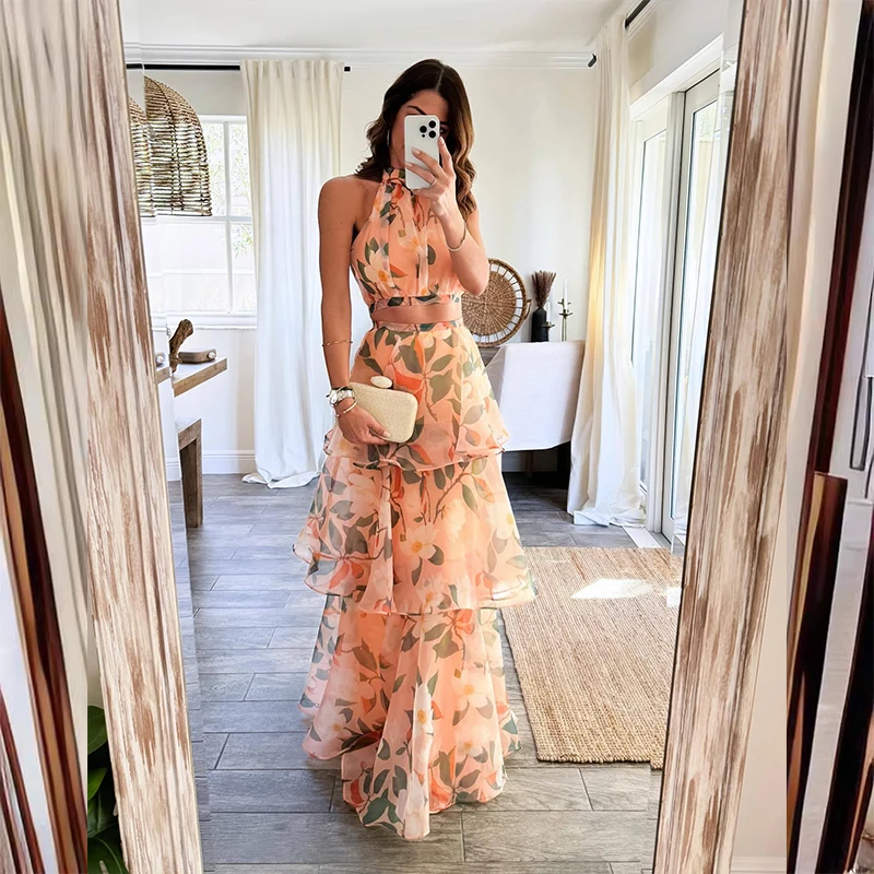 Summer Sleeveless Temperament Slim Dress Elegant Women Pattern Print Outfits New Sleeveless Halter High Waist Cake Party Dress 5