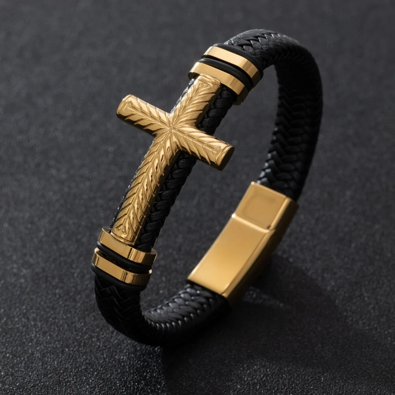 

Men's Charm Casual Bracelet Classic Punk High Quality Metal Cross Leather Bracelet Jewelry
