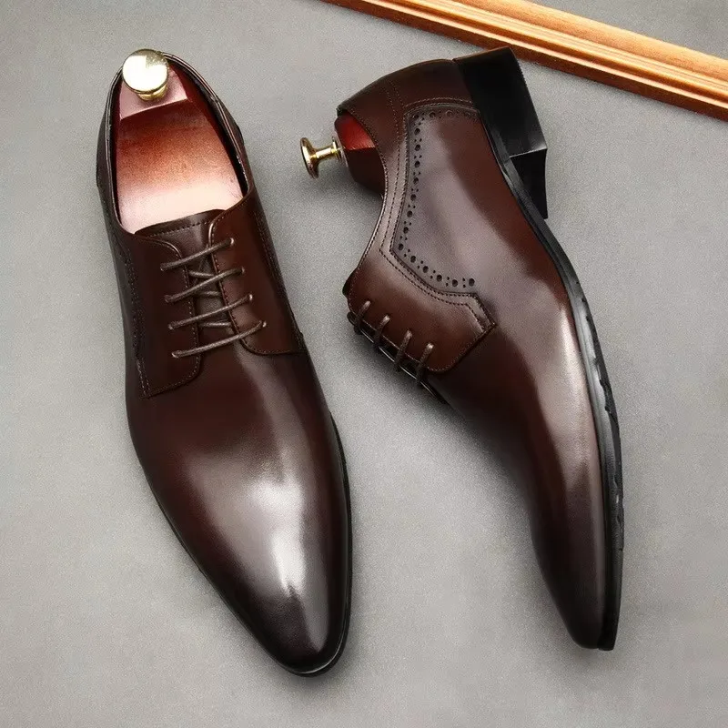 Leather shoes for men, lace up shoes for men, pointy, leather, high-end wedding, dress, Oxford, Lefu shoes, large, British style