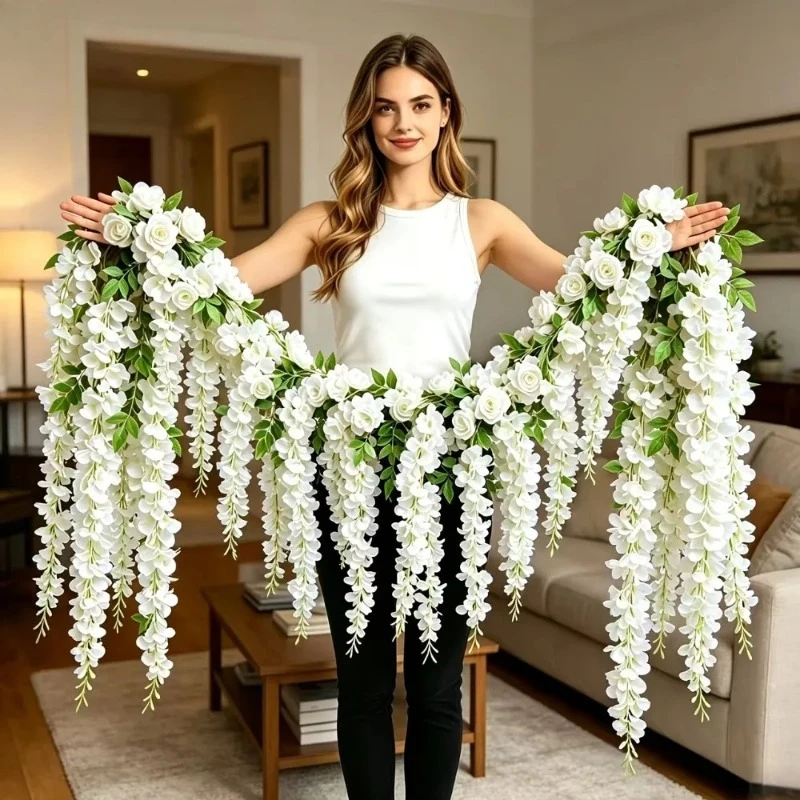Weiße Rosenranken-Wandbehänge und einfach zu montierende weiße Orchideenblumen-Sets, geeignet für verschiedene Einrichtungen in Häusern und bei Hochzeiten