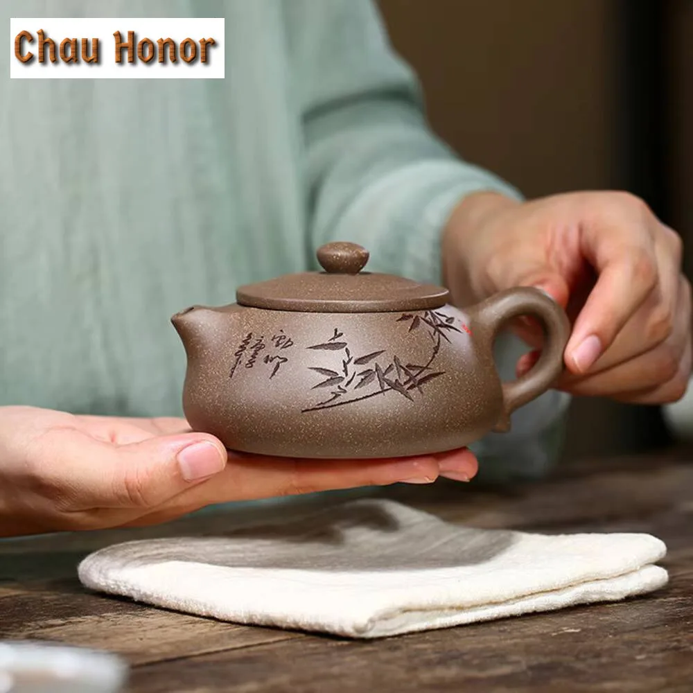 220ml Yixing Purple Clay Teapot Master Handmade Carve Bamboo Tea Pot Raw Ore Graphite Section Mud Kettle Chinese Zisha Tea Set