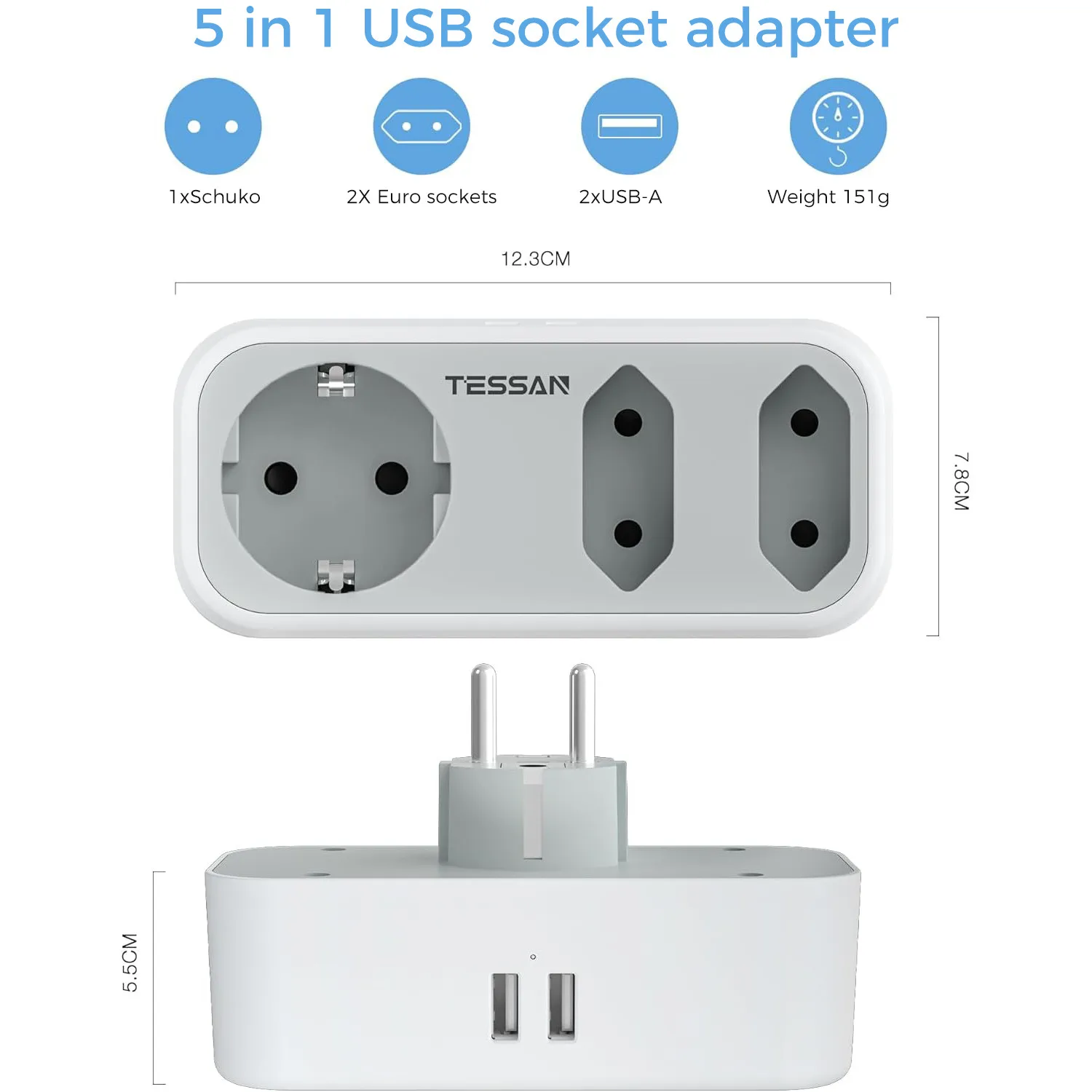 TESSAN 다중 벽 소켓 멀티탭, 3 콘센트, 1 USB A 1 타입 C, 과부하 방지, 5 인 1 플러그 어댑터