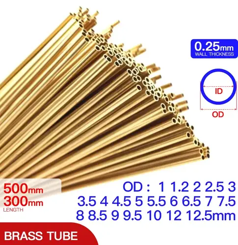 Brass Pipe 0.25mm Wall Thickness 1-12.5mm OD Brass Tube 300 500mm Length Straight Tubing Copper Tube Thin-Walled Small Diameter