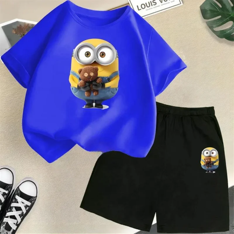 Conjunto de camiseta y pantalones cortos de dibujos animados de Minions Despicable Me para niños y adolescentes de verano de 2024, ropa para niños y niñas, camiseta de manga corta, traje de moda