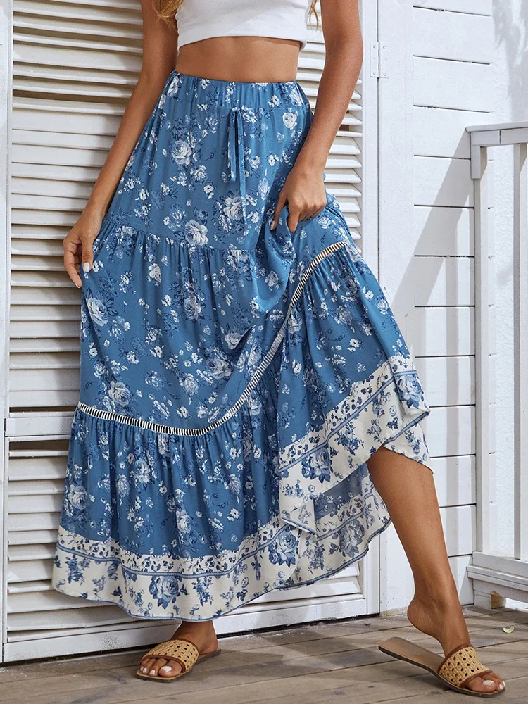 Summer Printed Skirts Women Floral Bohemian A-Line Dress Ruffle Holiday Beach Dress For Women Fashion Patchwork Large Wing Skirt