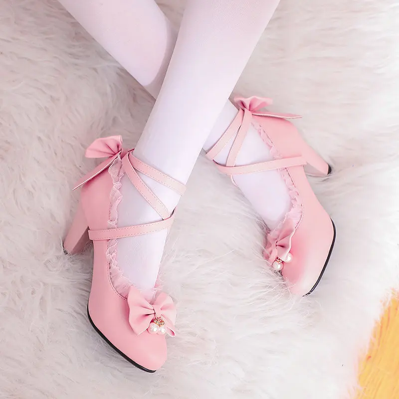 Girls High Heel Shoes Cross Strap Women Pumps Shoes Sweet Ruffles Bowknot Lolita Princess Cosplay Party Dress Shoes Size 32-43