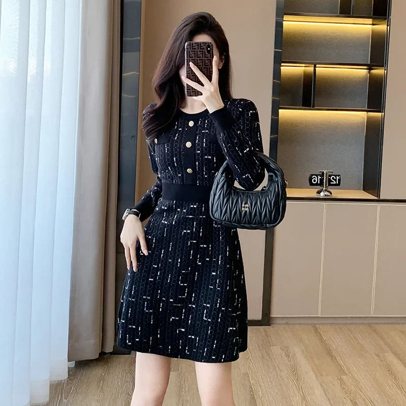

Women's O-Neck Long Sleeve Mini Sweater Dress, High Waisted Short Dress, Female Stretch Knitted Dresses, Office Elegant Dress