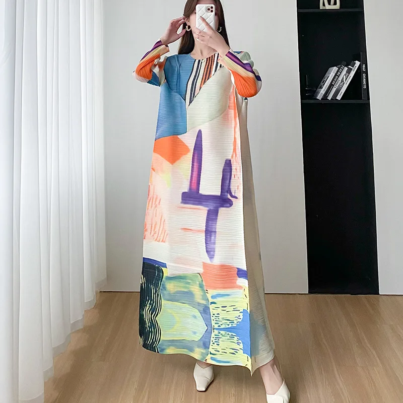 

Miyake Style Pleated Dress Women 2023 Summer Fashion New Print Round Neck Loose Plus Size Casual A- Line Luxury Evening Dresses