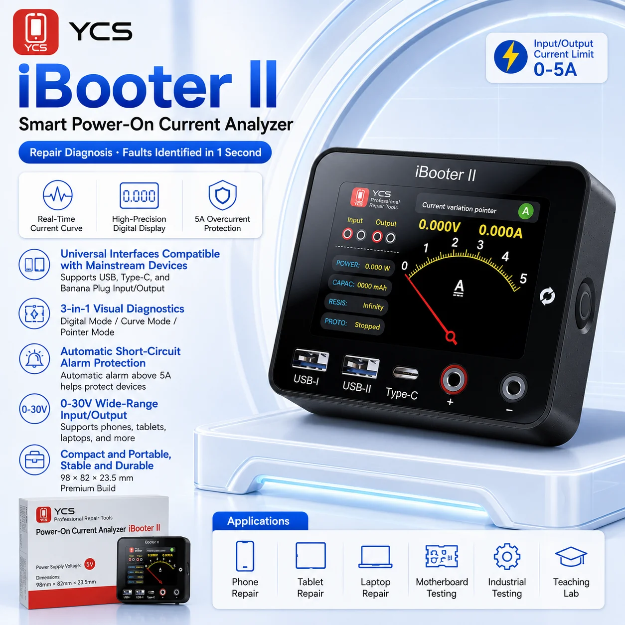 YCS iBooter II Power-On Current Analyzer 0-30V 0-5A 1