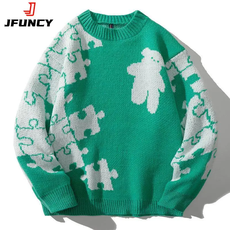 JFUNCY Mens Sweater Winter Knitted Thick Sweaters Oversized Men's Jumpers Crewneck Young Man Pullover Male Knitwear Teen Student