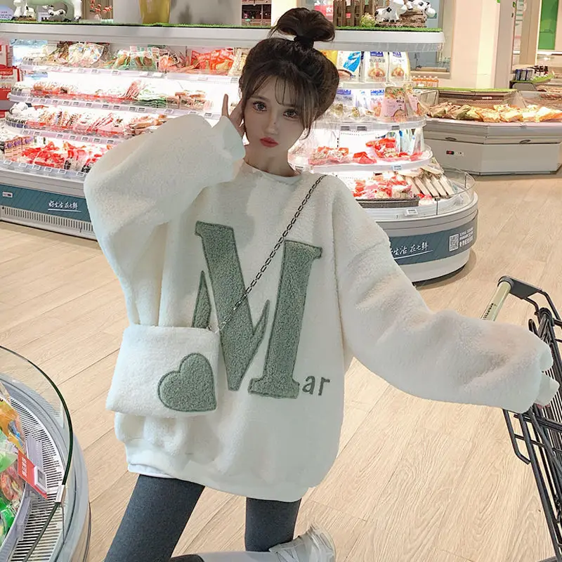 

Winter Hoodie Thick Lamb Wool Letter Print Oversized Crewneck Sweatshirt Korean Fashion Loose Long Sleeve Top Kawaii Hoodie