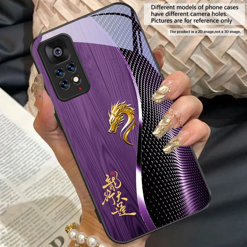 Elegant Black Tempered Glass Phone Case with Traditional Dragon Totem Design