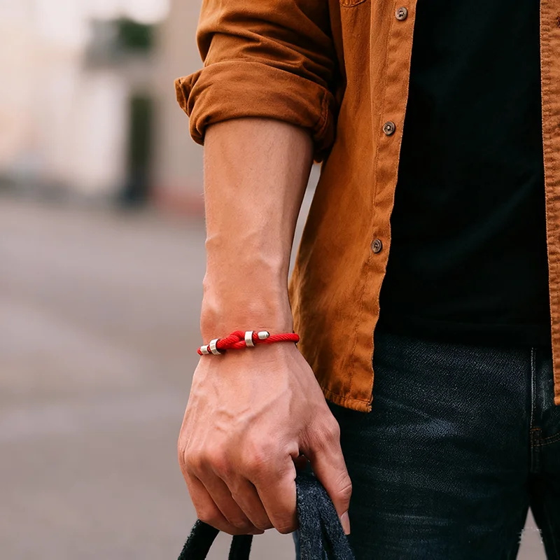 Stainless Steel Red Thread Adjustable Cord Bracelet for Men