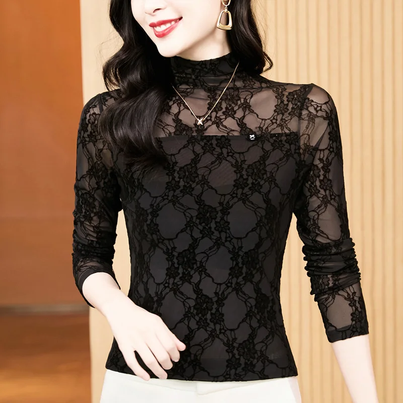 High Collar T Shirt - Korean Fashion Floral Mesh Long Sleeve Tees For Women