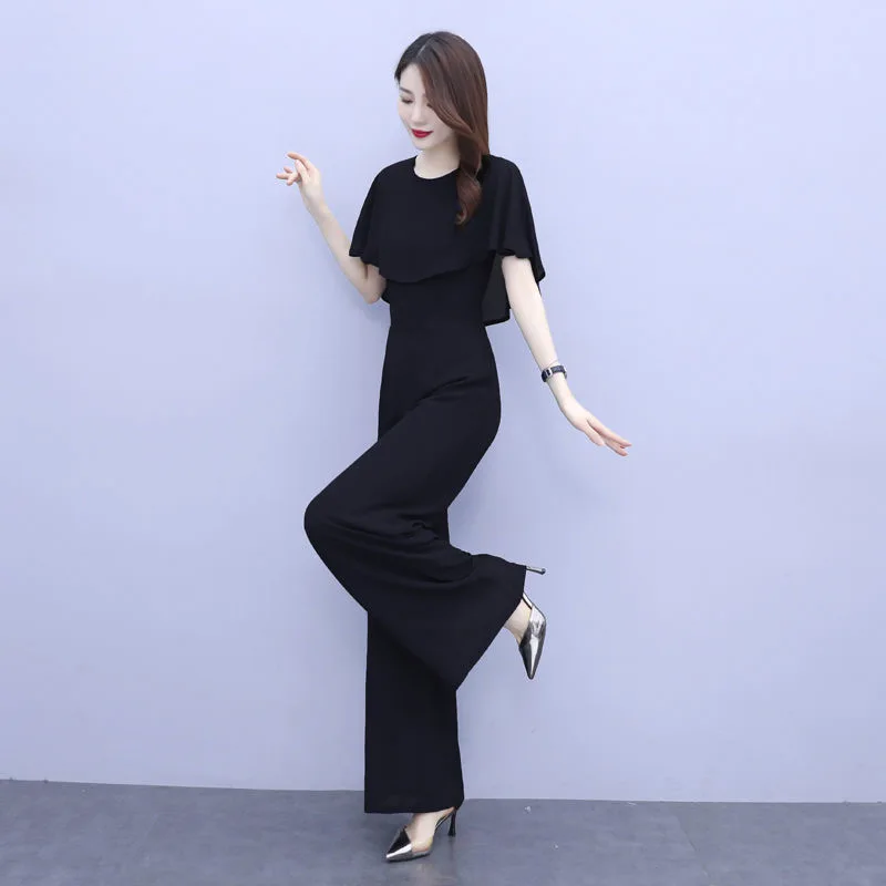 

Women Though Straight Jumpsuit Batwing Short Sleeve O-Neck Romper Overall Summer Outfit Office Lady Wide Leg Elegant S-2XL
