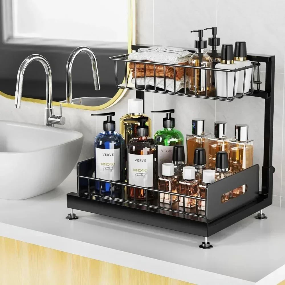 2-Tier Sliding Kitchen Basket Sink Shelf Cabinet Organizer 2 Pack on sale