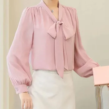 오피스 레이디 얇은 솔리드 컬러 o 넥 보우 쉬폰 봄 여름 스트레이트 싱글 브레스트 여성 셔츠, 랜턴 슬리브 붕대 느슨한