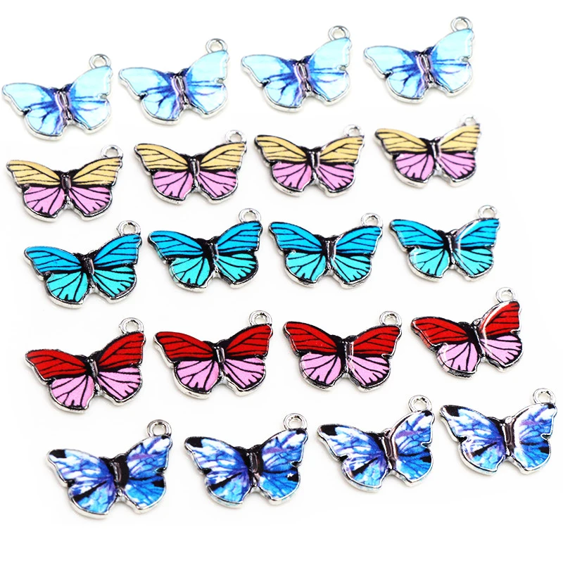 10 개 / 몫 21x15mm 다채로운 나비 매력 펜던트 에나멜 금속 작은 매력 목걸이 팔찌 DIY 쥬얼리 액세서리 만들기