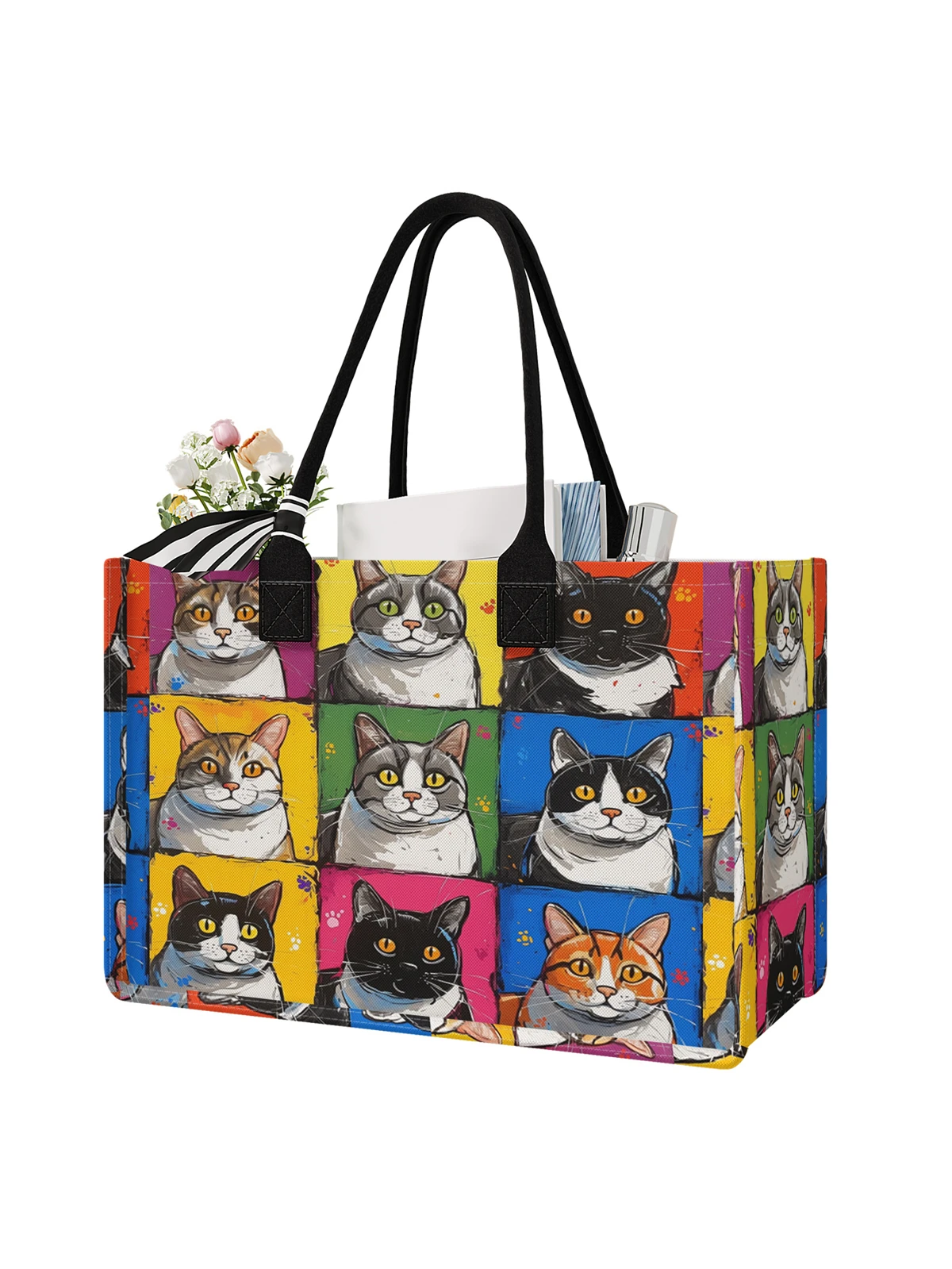 Cartoon cat pattern printed handbag, women's gift handbag, beach bag, suitable for large capacity handbags for men and women