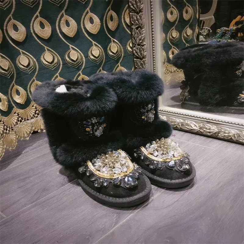 

Fashion rhine-diamond hand custom fox hair boots winter plus fleece warm fur boots black women's large size 35-44