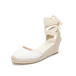 wedges shoes for women  Lace-up  Sandals Simple and Stylish Mid-Heel Ankle Strap Platform in Espadrille for Comfortable Summer