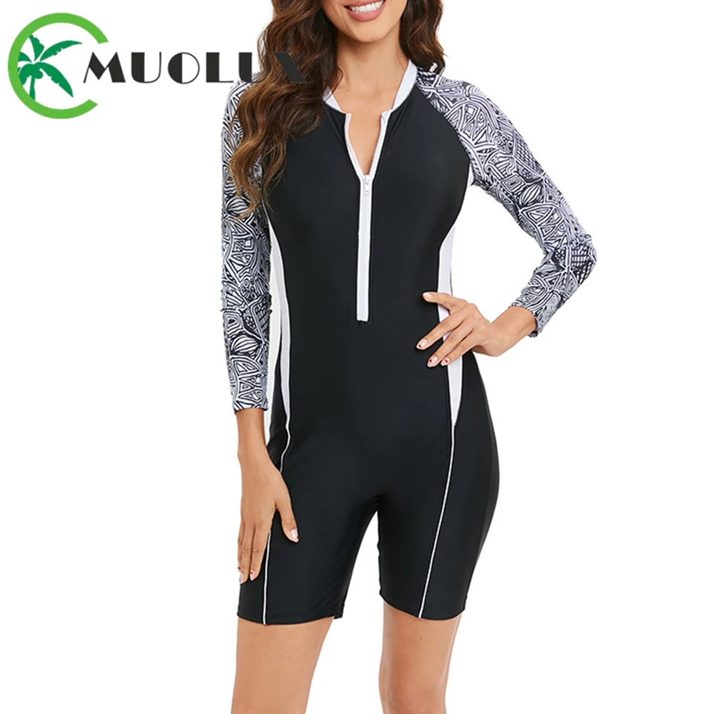 

MUOLUX 2024, Цельный купальник с длинным рукавом, женский, Рашгард, принт, размера плюс, спортивный купальник, шорты для мальчиков, Ретро стиль, монокини для серфинга, XXL