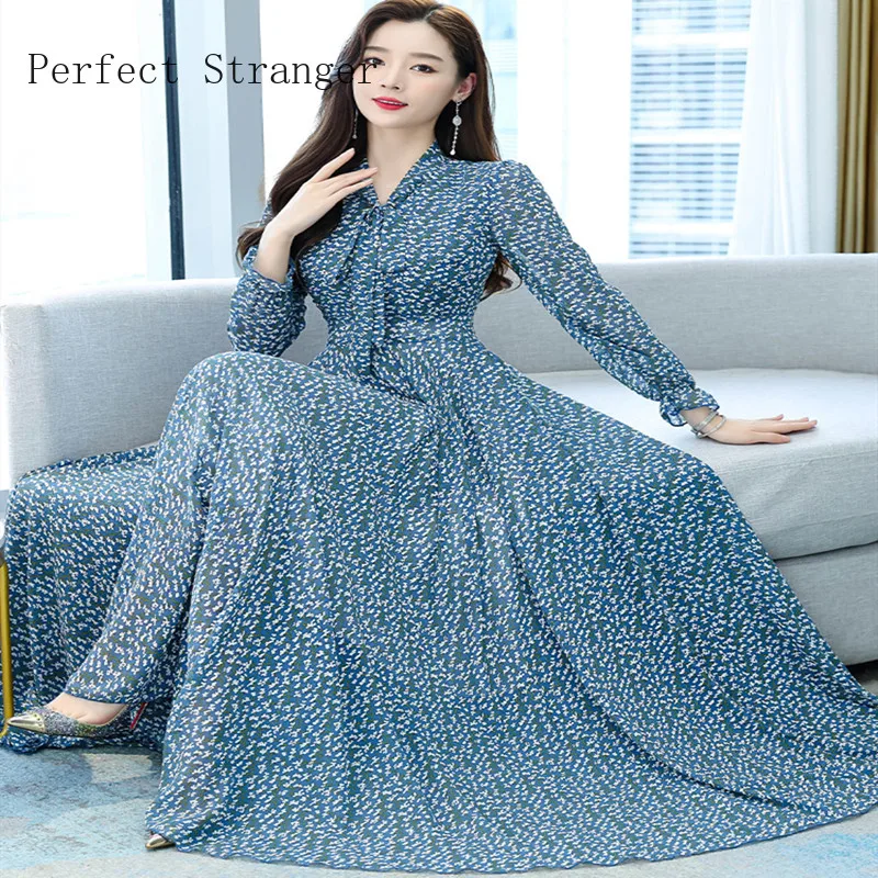 

2024 Spring New Arrival Bow Collar Flower Print Long Sleeve Women Chiffon Long Dress Vestido Midi Elegante Vestido De Mujer