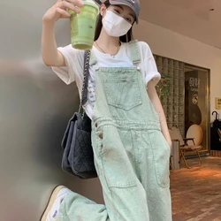 Winter Green Denim Overalls Pant for Women Y2k Streetwear Baggy Pocket Jeans Straight Bib Denim Rompers Trousers Korean Ladies