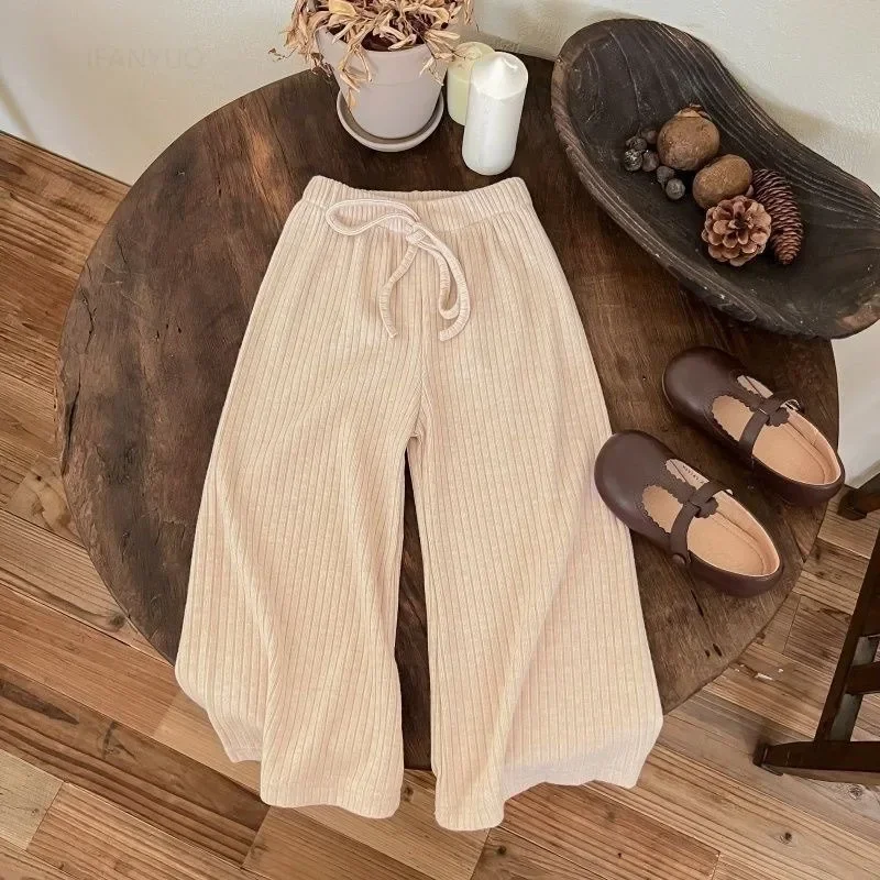 Spring Autumn Girls Solid Color Korean Casual Pants Fashion Children Elastic Wide Leg Pant Simple Versatile Baby Trousers