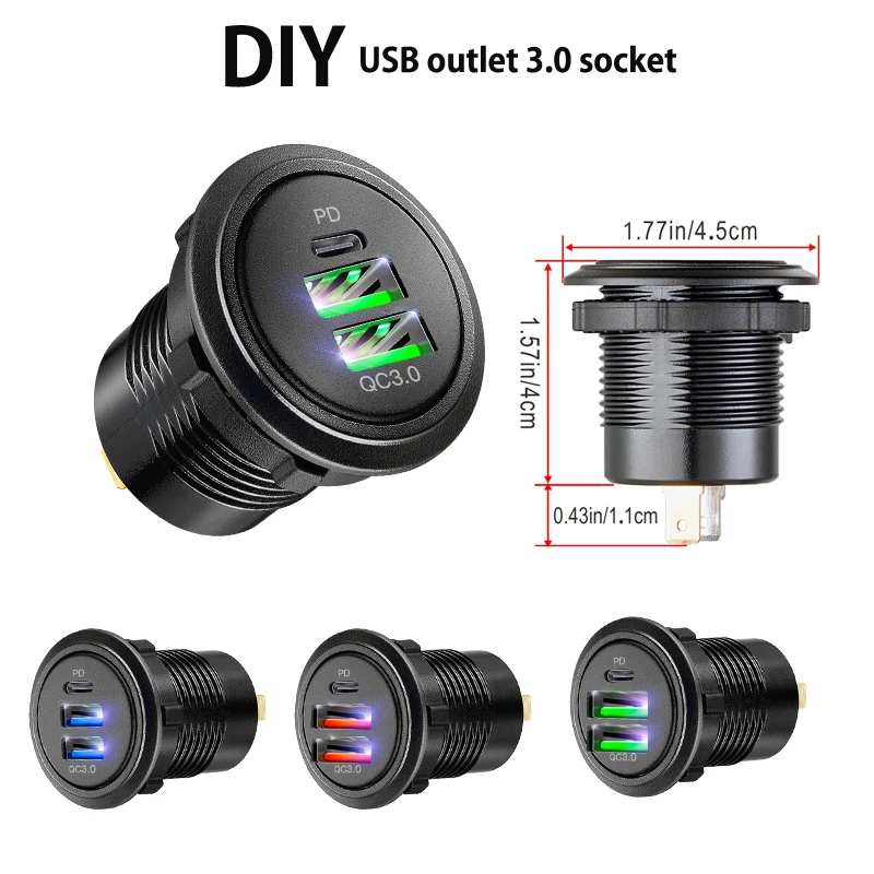 

12v automotive usb socket type c Fast Charge 12V/24V USB C Car Charger Socket PD and QC3.0 Dual USB Ports for Car Boat Motorcyc