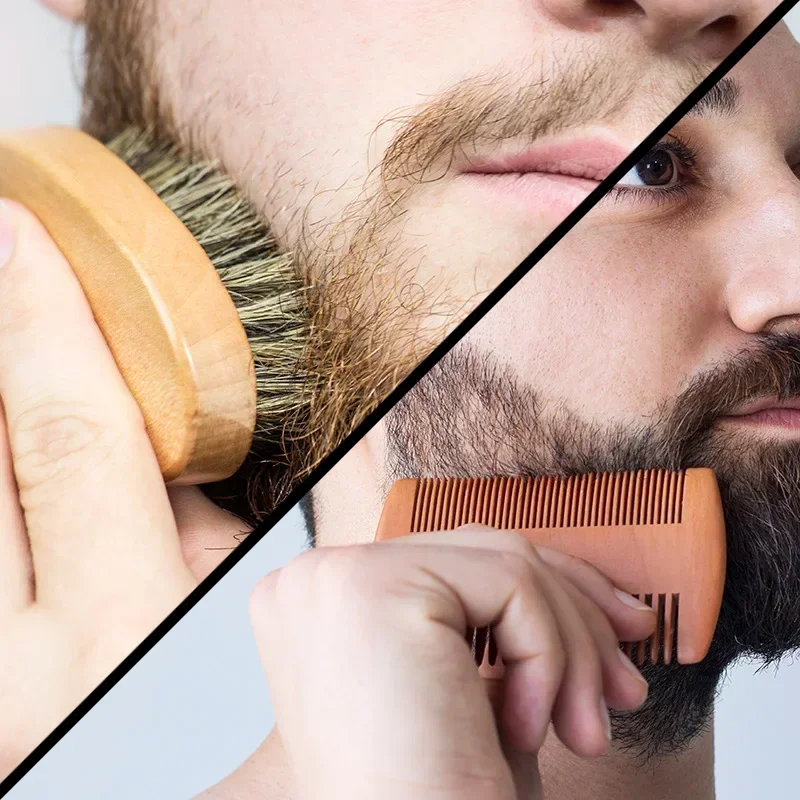 Two-sided Boar Bristle Men's Shaving Brush Portable Barber Natural Beech Beard Brushes Comb for Facial Cleaning Mustache Tools 3
