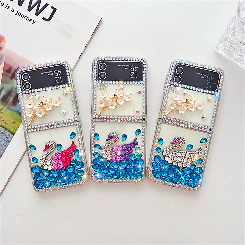 

Индивидуальный Прозрачный чехол для телефона Samsung Galaxy Z Flip 4 Z Flip 3 Bling, чехол со стразами, роскошный цвет, бриллиантовый лебедь, цветок сливы