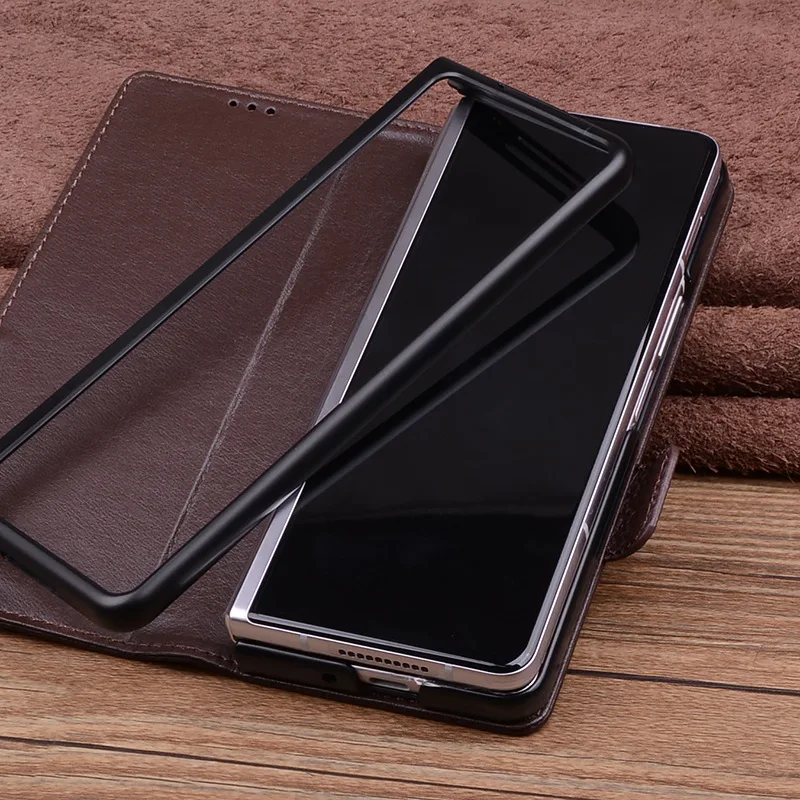 Genuine Cowhide Leather All-inclusive Flip Case For Samsung Galaxy Z Fold 5 4 3 Fold5 3D Alligator Grids Litchi Grain Full Cover