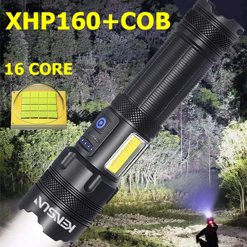 Most Powerfu XHP160 LED Rechargeable 16-Core Flashlight With Side