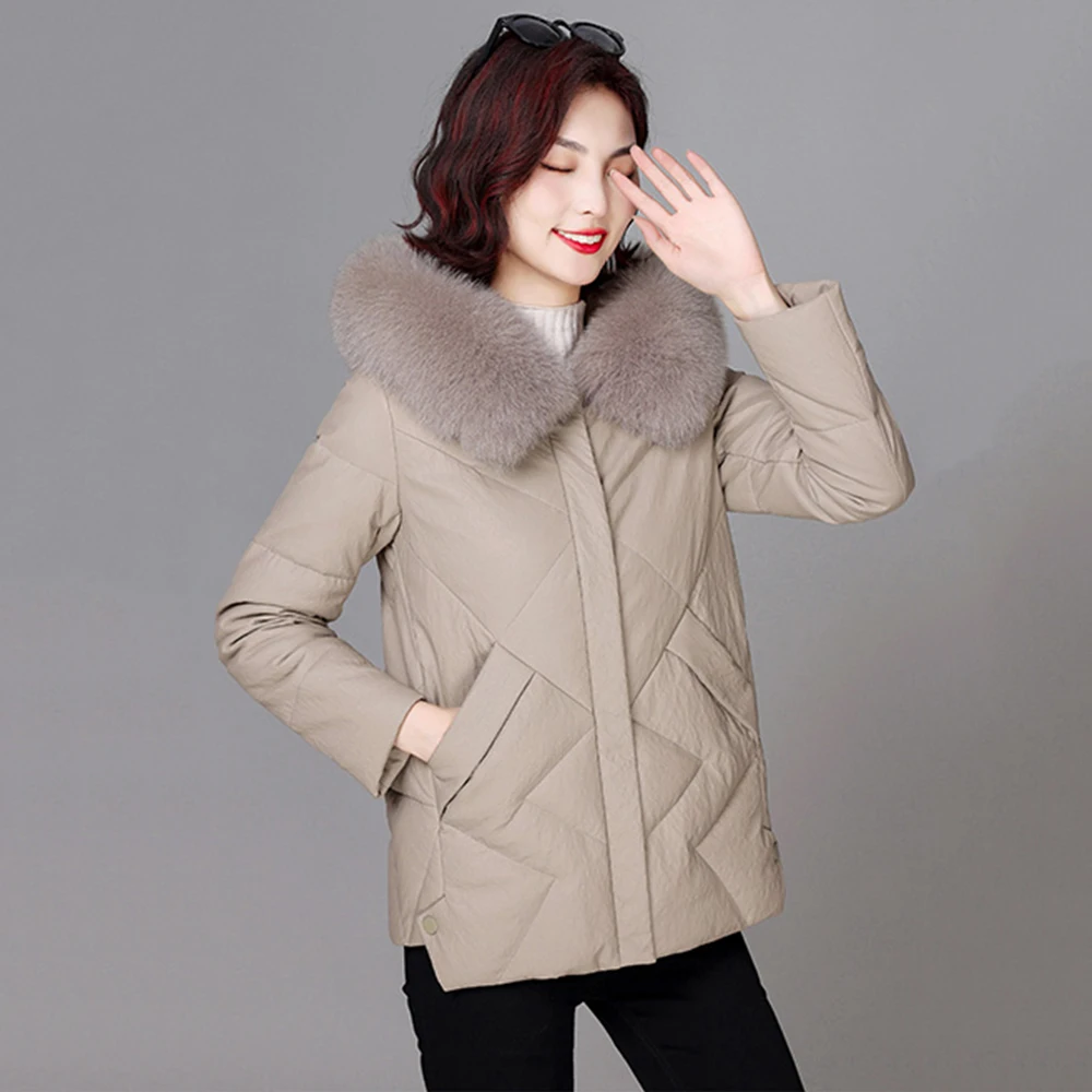 New Women Sheep Leather Down Jacket Winter Casual Hooded Real Fox Fur Collar Soft Loose Leather Coat Thick Warm Short Outerwear new women leather down jacket winter casual fashion thick warm mink fur collar embossing pattern loose sheep leather down coat