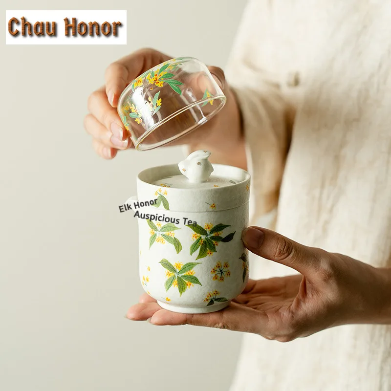 Hand-painted Osmanthus Flowers Travel Tea Set Kit Elegant 1 Pot 3 Cups Tea Maker Organizer Portable Outdoor Handbag Accessories