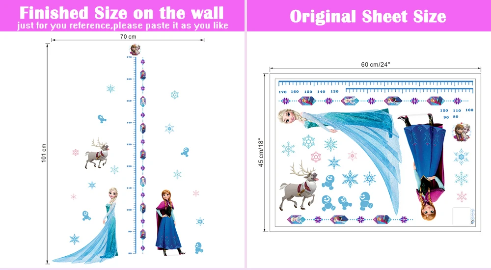 Erinevad "Frozen" seinakleepsud sisaldavad populaarseid tegelasi Elsa, Anna ja renditud Sven, koos värviliste lumehelveste ning kõrgusmõõtja funktsiooniga. Valgel taustal asuvad kleepsud on mõõdetud ja paigutatud, et neid oleks lihtne paigaldada sisekujunduse täiustamiseks.