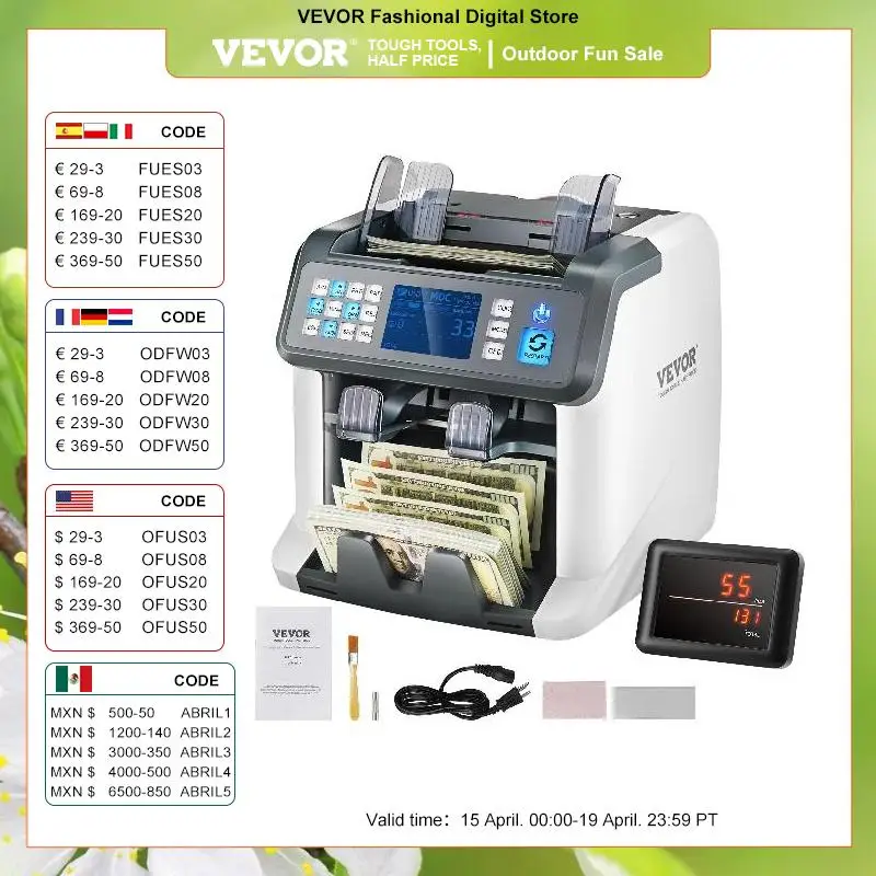 

VEVOR 1200 Pcs/Min Money Counter Business Cash Register Bills Counterfeit Bill Detector 2 CIS/UV/MG/IR/DD/SN Function Bank Store