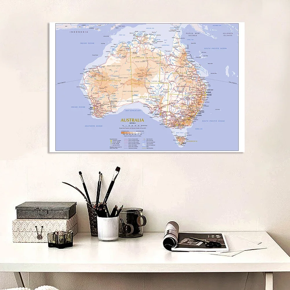 World Map Poster 150*100cm Terrain and Traffic Route Map of The Australia Wall Poster Non-woven Canvas Painting Home Decoration School Supplies