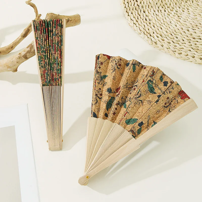 Vintage Portuguese Cork Folding Fan Advanced Makeup Hand Held Fan Bohemian Style Wooden Folding Graft Gift Props Home Decor folding fan,hand fan,wooden hand fan