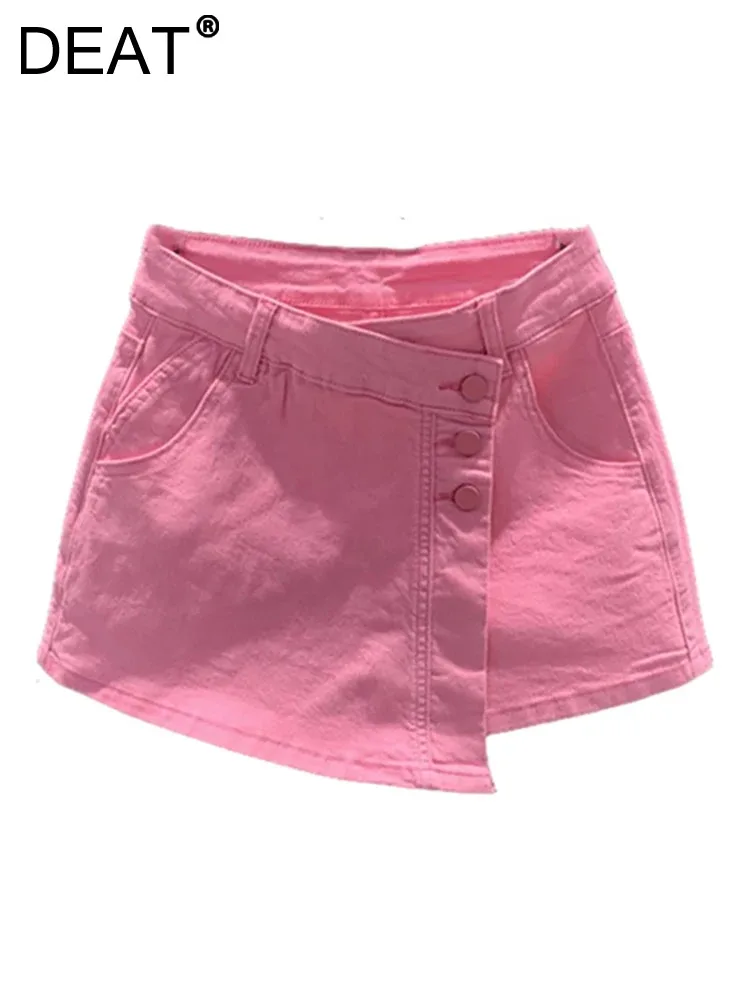 

DEAT Women's Denim Skirt High Waist Solid Color Patchwork Asymmetric Buttons Short Jeans Skirts 2024 Summer New Fashion 29L7530