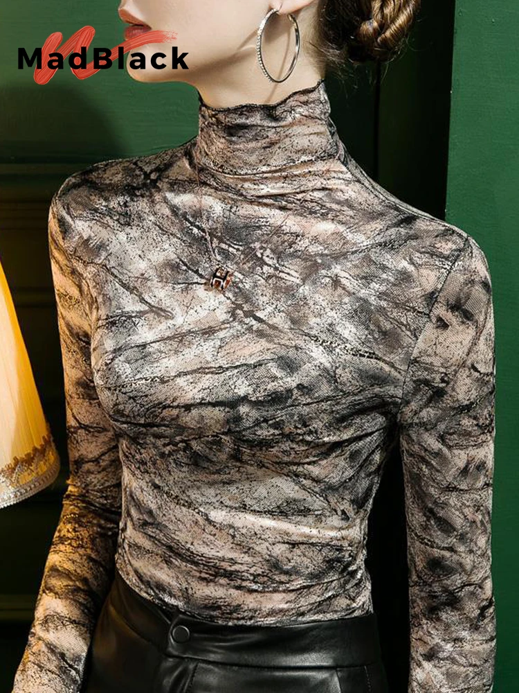 

MadBlack европейская одежда, футболки, женские оборки с высоким воротником, обтягивающие сетчатые топы, базовые футболки с длинным рукавом, Осень-зима T37305JC