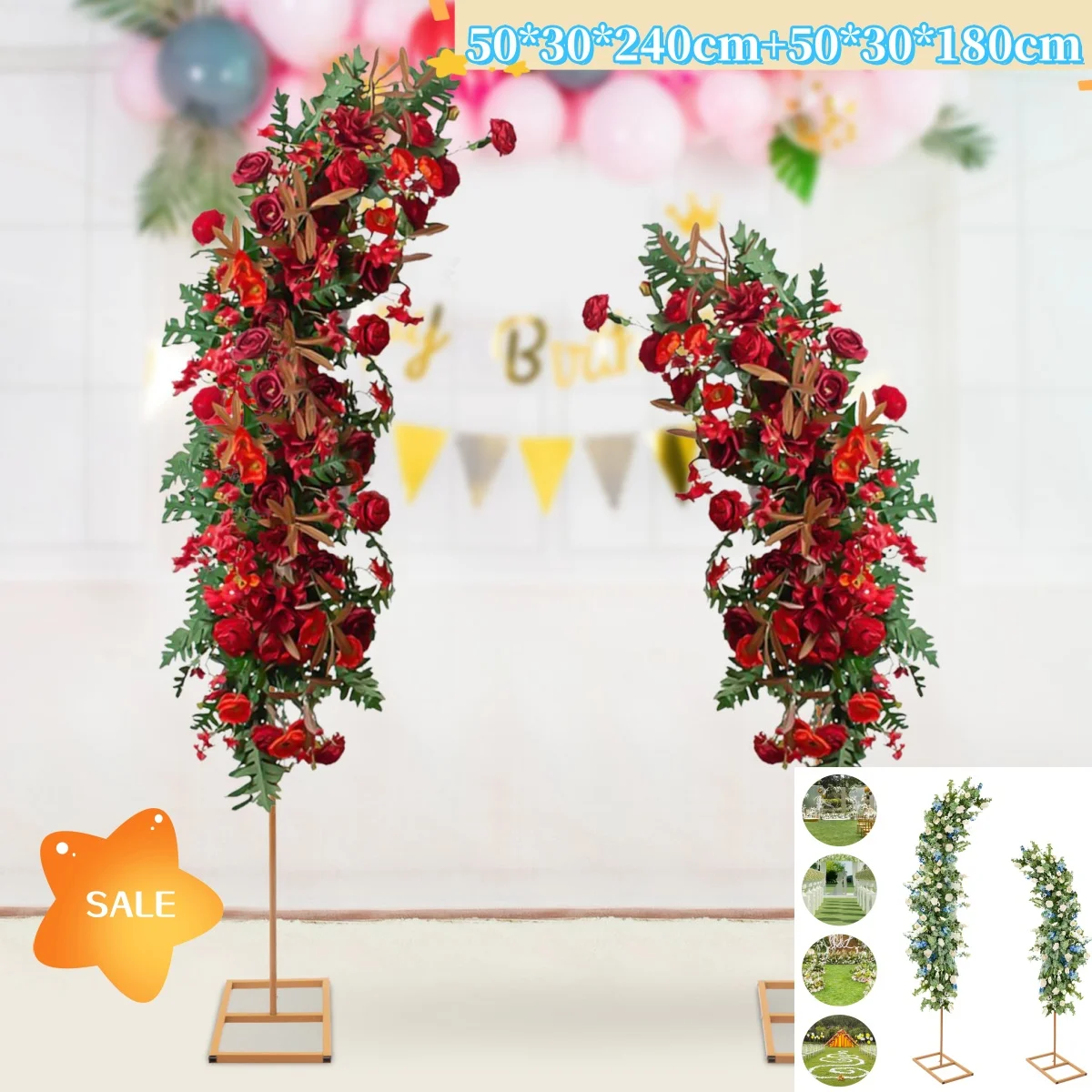 Set of 2 Gold Metal Curved Top Wedding Arch Frames, Balloon Flower Backdrop Stands-6ft, 8ft