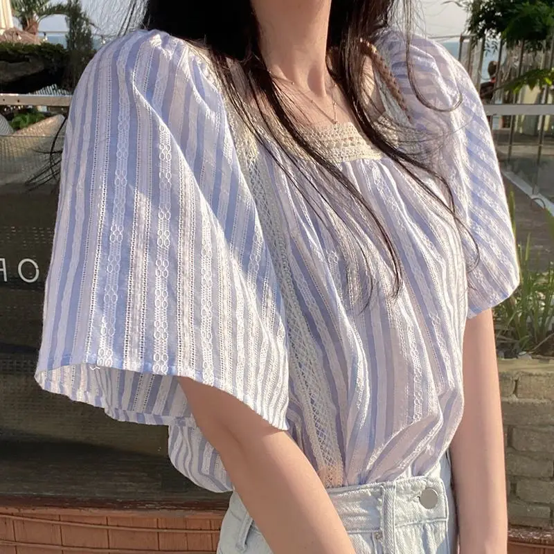 Women's Blouse Loose Korean Square Collar Striped Short Sleeve 2024 Summer New Minimalist Commute Spliced Lace Hollow Out Shirts