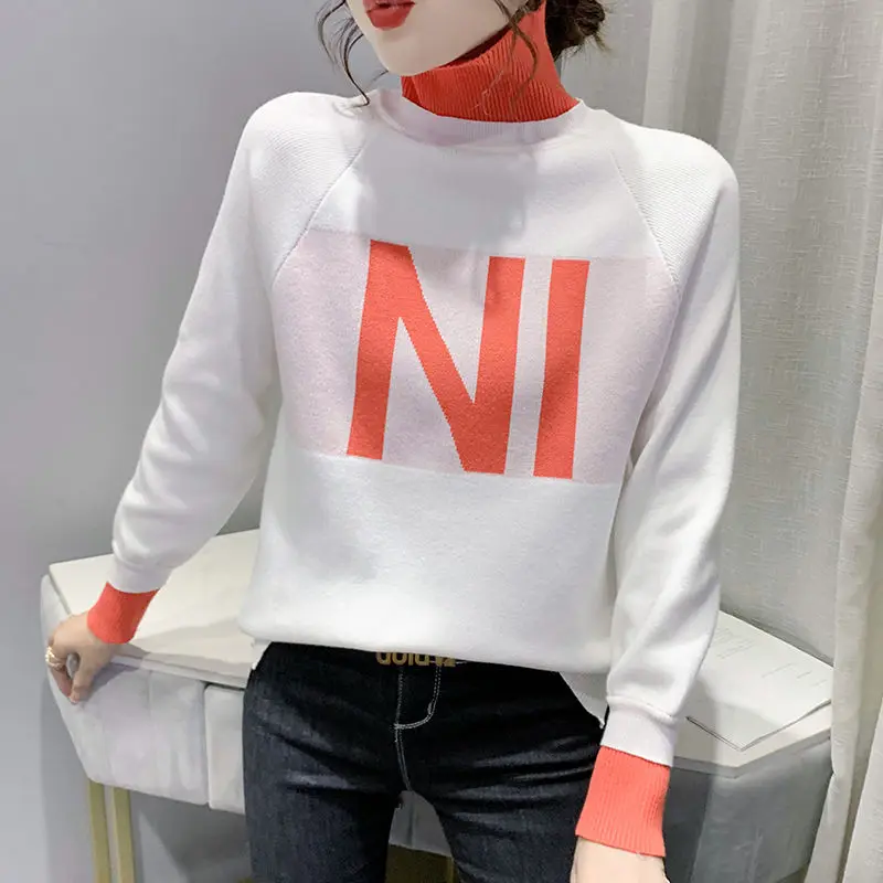 Корейский вязаный джемпер с надписью, женская одежда контрастных цветов в стиле пэчворк, свободный свитер с длинным рукавом и высоким воротником на осень и зиму