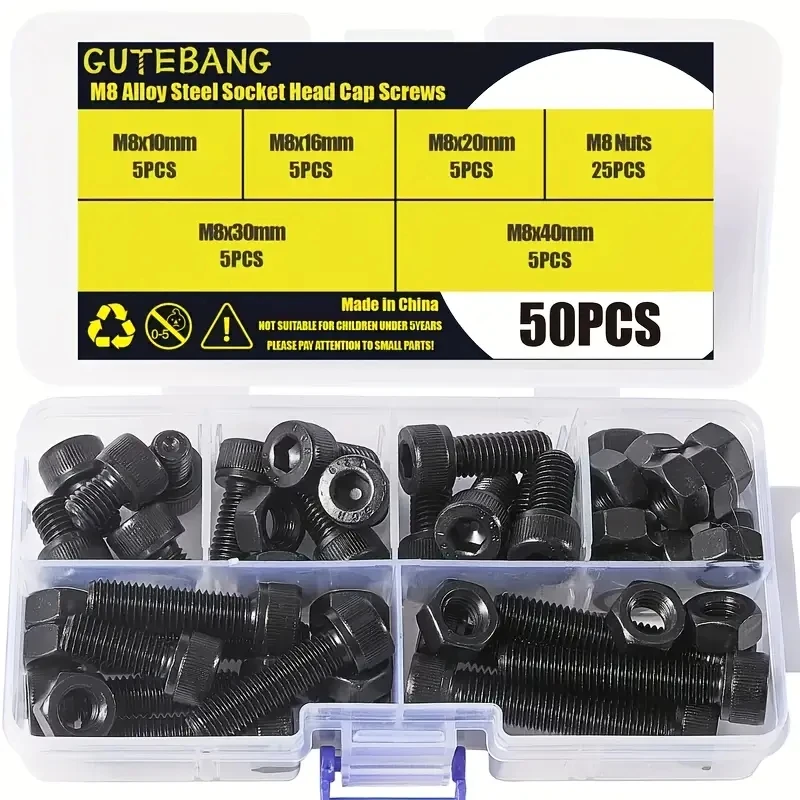 50/84 pieces M6/M8 X 8mm/10mm/12mm/16mm 20mm/30mm/40mm hex socket screw bolt and nut kit grade 12.9 alloy steel black oxidize