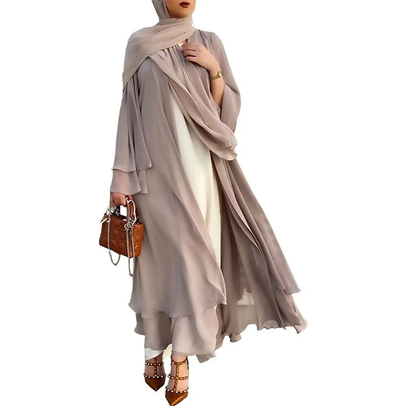 Women's Muslim Chiffon Robe, Soft Cardigan, Elegant, Large Size, Islamic Dress, Monochromatic, European and American, 2023