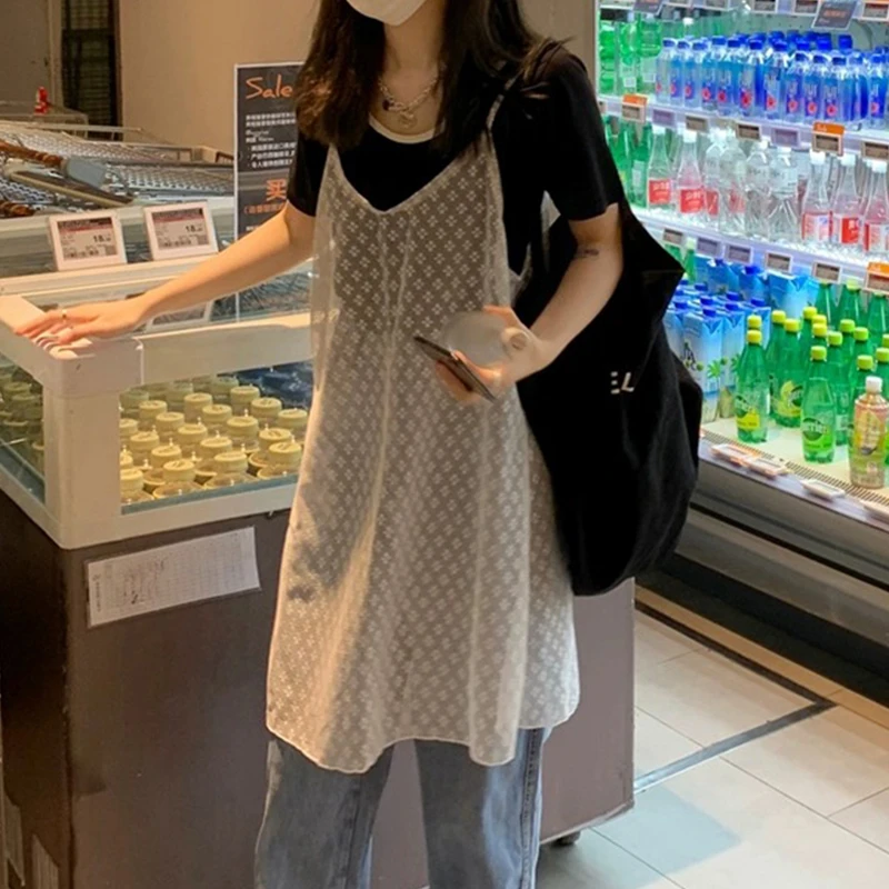 시스루 커버업 서스펜더 레이스 후크, 시크한 얇은 꽃무늬 미니 원피스, 여름