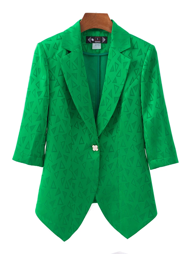 

Women Spring Summer Blazer Ladies Female White Green Black Striped Three Quarter Sleeve Business Work Wear Formal Jacket Coat
