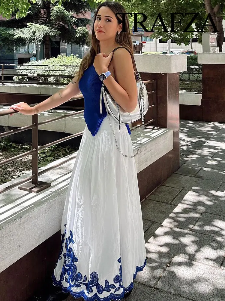 TRAFZA Women's 2-piece Set Of Blue Embroidered Single-breasted Loose Shirt + Chic High-waisted Loose Pleated Street Skirt Suit